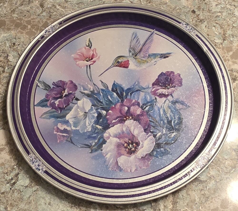 Giftco Round Metal Serving Tray Purple Hummingbird With Flowers, 13.5"